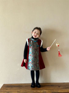 New Years Traditional Chinese Style Fleece Lined Vest Dress for Girls Thick Warm High Waist Pure Color Winter Dress
