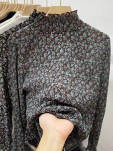 Trendy Semi-High Collar Wooden Ear Floral Easiest for Match Chiffon Blouses for Women New Arrival Silm Easiest for Match Long Sleeves T-shirt Top Ins