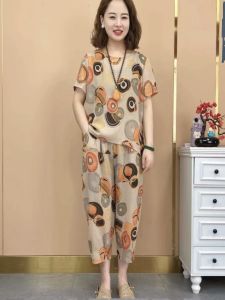 Casual Cotton Linen Short Sleeve Print Womens Two-Piece Set Summer New Style plus Size Mom Clothes Comfortable Breathable