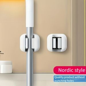 Wall-Mounted Mop and Broom Holder Self-Adhesive Tool Organizer Clips with No Drilling Required for Home Kitchen Bathroom