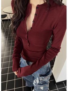 HUOLISI | Wine Red V-Neck Long Sleeve Knit Fitted T-Shirt