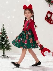 2026 New Year Dress For Baby Girls Autumn Long Sleeve Princess Dress Kids Red Patchwork Xmas Gift Deer Print Christmas Dresses
