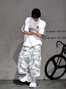 Oversize American High Street Three Bars Splicing Loose Short Sleeve T-Shirt for Men Breathable Cotton Polyester Blend Summer Fashion Casual Top