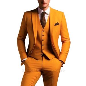 Elegant Gray Mens Suit Slim Fit Fashion Wedding Tuxedo 3 Piece Two Buttons Peak Lapel Blazer Vest Pants for Party Homme Costume