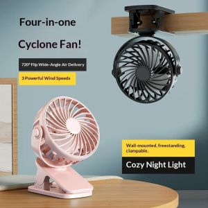 Portable Mini Cooler Fan 720°Rotatable Clip Fan Built In Night Lamp USB Rechargeable Personal Fan For Outdoor Camping Ventilador