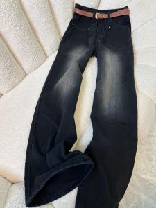 High Waist Loose Straight Leg Denim Jeans Womens Early Autumn New Style American Retro Washed Wide Leg Pants Deep Color