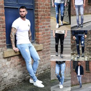 Trendy Fleece Lined Skinny Jeans Pants Mens Blue Black Long Sleeve Washed Denim Clothing Travel Wear Youth Fashion