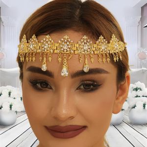 Wedding Headwear Fashion Luxury Gold Alloy Hollow Carved Diamond Embedded Waterdrop Crystal Tassel Head Chain Ethnic Style