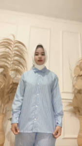 One Set Salur Wanita Muslimah Stripes Modis Atasan Kemeja & Celana Panjang