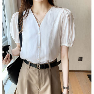 AMILUCK | Womens Short Sleeve White Shirt V-neck Loose Versatile Simple Design Korean Style Bubble Sleeve Commute Fashion Polyester Blend