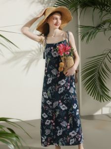 Miccbeirn | Elegant Ladylike Pure Linen Floral Print Vacation Style Wrap Dress Classy Long Gown For Summer Commute Fairy Skirt Design