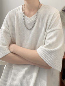 Summer V-Neck Ice Silk Loose Short Sleeve T-Shirt Mens Fashion Brand Cleanfit American Style Top Cotton 100% Solid Color