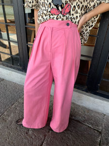 TEfamani High Waist Wide Leg Pants Pink Casual High Waist Zipped Korean Style Commute Flared Loose Long Trousers