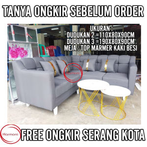 SOFA MINIMALIS SUDUT KAKI KAYU + MEJA DOUBLE MARMER KAKI BESI FREE ONGKIR SERANG KOTA