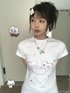 อเมริกันหวานเผ็ดสีขาวเสื้อยืดแขนสั้นผู้หญิงฤดูร้อน SLIM FIT อเนกประสงค์ INS สไตล์ Retro เสื้อผ้าทํางาน