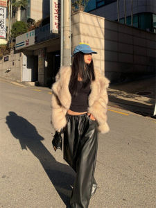 Black Elastic Waist Drawstring Leather Pants Womens Casual Straight Leg Trousers Spring Autumn plus Size Korean Style PU Pants