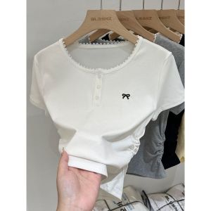 American Style Pleated Design Short Sleeve T-Shirt Womens Summer 2025 New Splice Lace Butterfly Knot Top Korean Style Slim Fit