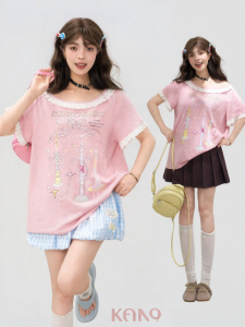 KEIKO | Sweet Lace Edge Pink Print T-Shirt