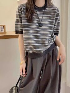 Korean Style Loose Slim round Neck Striped Short Sleeve Knitwear Womens Commute Versatile Anti-Aging T-Shirt Casual Chic