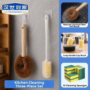 HANSHILIUJIA | Natural Coconut Palm Bristles Long Handle Easy-to-Grip Kitchen Pot Scrubber