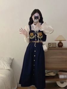 Plus Size Womens Clothing Niche Style Vintage and Little Fresh Sling Vest Inner Shirt Tops Autumn High Waist Skirt Suit