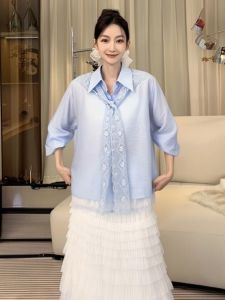 BINKAFENNY | เสื้อเชิ้ตคอปกปิดกระดุมแขนยาวผู้หญิงสีฟ้าลูกไม้สไตล์ใหม่ฤดูใบไม้ร่วง 2025 ดีไซน์ไม่ซ้ำใคร เสื้อคลุมคอวีสวยงาม