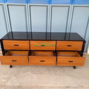 Bufet TV Minimalis Retro Kayu Jati Warna Hitam Kombinasi Natural