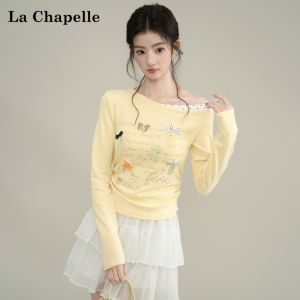 La Chapelle | Polka Dot Cartoon Printed Bow Design Slant Collar Off-shoulder Long Sleeve Tshirt Spring