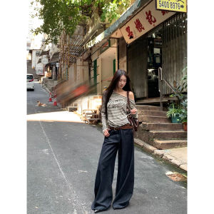 Womens Loose Straight Low Waist American Vintage Dark Blue Wide Leg Jeans Autumn New
