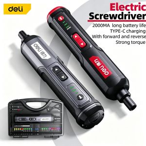 deli | 4V Cordless Electric Screwdriver Rechargeable Lithium Battery Mini Hand Drill Bits LED Light Household Repair Power Tool Kit