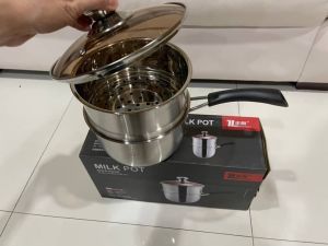 หม้อนึ่ง หม้อด้าม +ซึ้ง มีรองนึ่ง รุ่นมีด้าม สองชั้น ทรงสูง ฝาแก้ว ZL0618-2 สแตนเลสแท้ กล่องดำ