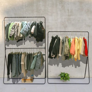 Black Clothing Display Rack Free-Standing Double Layer Simple Design for Womens Wear Shop Floor Clothing Hanger Rack