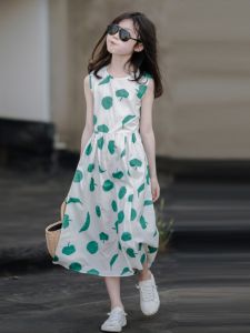 Váy Cotton Dài Đến Đầu Gối Cho Bé Gái Mùa Hè Váy Đi Biển Tươi Mới Cho Trẻ Em Váy Chữ a Cotton Nguyên Chất Cho Bé Gái