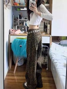 American Style High Waist Leopard Print Denim Jeans Women Loose Fit Casual Wide Leg Long Trousers Trendy Autumn Winter New Arrival