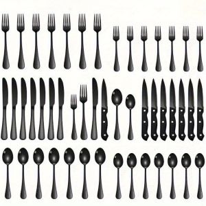 ชุดเครื่องเงินสีดํา 30 ชิ้นพร้อมมีดสเต็กชุดช้อนส้อมสแตนเลสเกรดอาหารชุดช้อนส้อมบนโต๊ะอาหาร