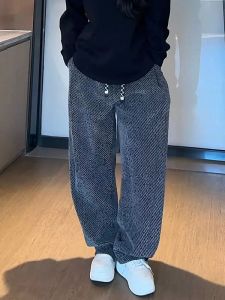 Mens Winter Thickened Fleece Silver Thread Stripe Casual Pants Straight Leg Floor-Length Lazy Versatile Wide Leg Trousers