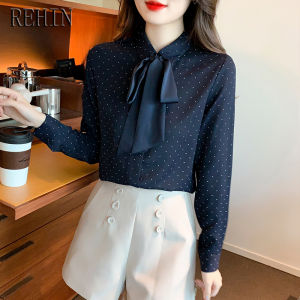 REHIN Bow Tie Collar Long Sleeve Shirt Niche Polka Dot Printed Chiffon Fashion Career Elegant Women Blouse