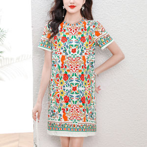 Special Offer Brand Silk Short Sleeve Dress 2025 New Women Summer Clothes Holiday Style Loose Print A-Line Skirt