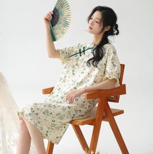 miiow | Pure Cotton Short Sleeve Sleepwear Womens New Chinese Style Home Clothes Nightgown High Sensation Cat Person 2024 New Model