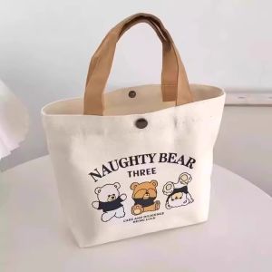 Portable Canvas Handbag Bear Print Lunch Bag Convenient Storage Organizer for Office Workers And Travel Handheld Bento Bag