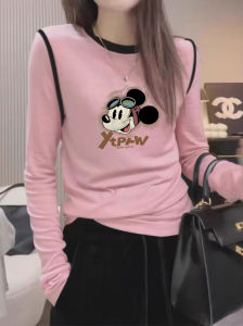 Womens Long Sleeve Fleece Thermal Shirt Korean Style Print Cartoon Slim Fit Brushed Base Shirt Autumn Winter round Neck Top