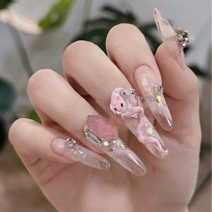 Long Nail Strips Ice Transparent Pink Snake Baby Fake Nails Wearable Nail Art Finished Product Internet Famous Model Nail Stickers