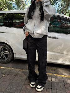 กางเกงขายาวทรงตรงเอวสูงสีดำ กางเกงขายาวทรงหลวมสไตล์อเมริกันย้อนยุคสำหรับผู้หญิง ฤดูใบไม้ร่วง/ฤดูหนาว 2024 กางเกงขายาวทรงขากว้าง