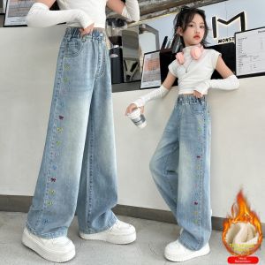 Warm Loose Embroidered Girls Jeans Wide Leg