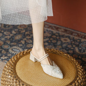 Womens Summer High Heel Sandals Open Toe Roman Style Two-Way Wear Outdoor Slip-On Flats French Style Chunky Heel Shoes