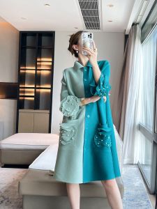 Chic Color Block Beaded Pleated Blouse Dress Women Sweet Spring Autumn Long Sleeve Three Piece Wind Shirt Dress Natural Waist