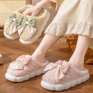 Korean Style Butterfly Knot Winter Cotton Slippers Couples Design Non-Slip Home Warmth Winter Moon Shoes Female Version