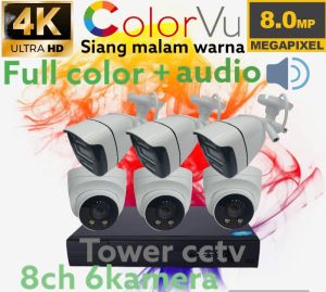 PAKET CCTV 8MP COLORVU 8CHANNEL 6 KAMERA AUDIO 4K UTRA HD FULL COLOR