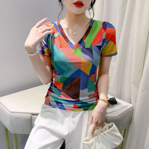 REHIN Summer Fashion Mesh Color Cube Printing Short Sleeve T-shirt V-neck Slim Fit Elegant Womens top
