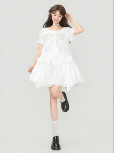 KEIKO | Light Tencel White Beaded Bow Summer Fairy Dress
